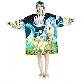Couverture à capuche surdimensionnée avec dragon amusant assis sur l'herbe la nuit, Multicolor, taille unique