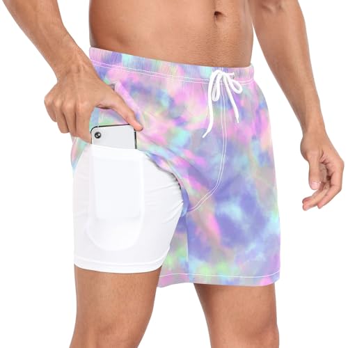 Bolaz Mens Swim Trunks Quick Dry Swim Shorts with Pockets Liner Tie Dye Pastel Rainbow3