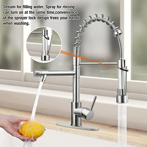 Kzh Kitchen Faucet With Pull Down Sprayer,Single Handle Two Outlet Commercial Kitchen Sink Faucet,Deck Plate 1 Or 3 Hole Compatible,Stainless Steel,Brushed Nickel #TOP3