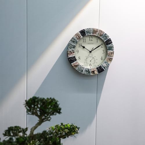 eYotto 10-Zoll Indoor/Outdoor-Wanduhr mit Thermometer – Wetterfeste, wasserdichte, geräuschlose Batterie-Wanduhr für Terrasse, Pool, Garten, Lanai, Zaun, Veranda, Badezimmer