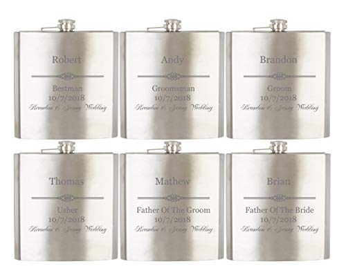 Gifts Infinity® Personalized Set of 6 8oz Stainless Steel Groomsman, Best man, Groom Flask - Engraved
