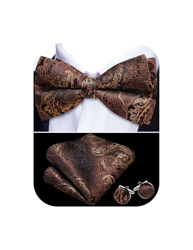 Image of Barry.Wang Paisley Striped Bow Tie for Men Silk Pre-Tied Bowtie Pocket Square Cufflinks Set Formal Wedding Party Prom
