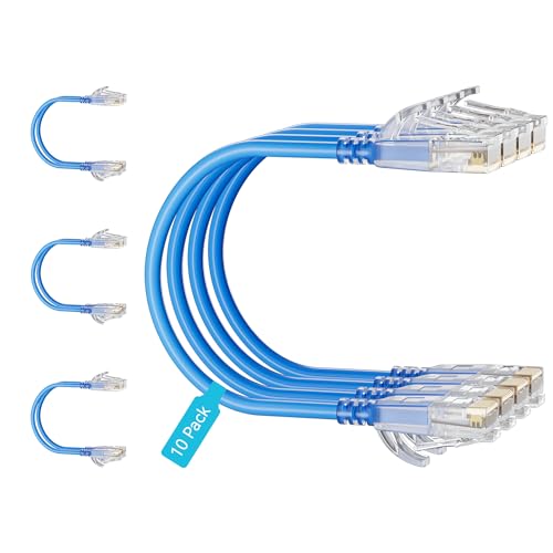 Mnlnbuao Cat6 Slim Patch Cables 1 Feet 10-Pack Blue Cat6a Patch Cables 10Gbps 550MHz High-Speed Cat 6 Ethernet Cable Pure Copper UTP Flexible & Thin Patch Cable Cat 6 for Network Cabling