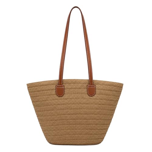 OKoriensuntek Straw Tote Bag for Women, Large Woven Beach Bag with Leather Shoulder Straps, Zippered Summer Tote Bag for Beach, Travel, Everyday Use，Brown by OKoriensuntek - Used condition - US$23.21