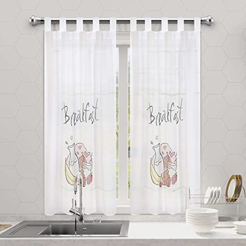 Dalina Textil - Cortina de Cocina Translúcido Lisa, Cortina Media Altura para Cocina, Comedor, Marco de Puerta 2 Piezas Tejido Gasa Finas Diseño Breakfast 100x140cm