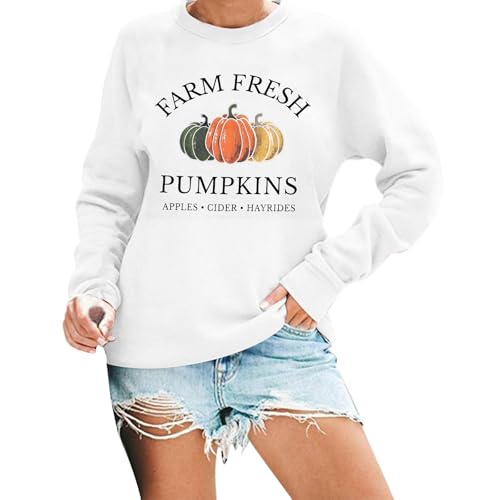 Generisch Farm Fresh Pumpkin Sudadera Mujer Otoño Sudadera Calabaza Gráfico Sudadera con Capucha Happy Fall Yall Manga Larga Tops Oversized Jersey Mujer Cuello Redondo Camiseta de Manga Larga, Blanco