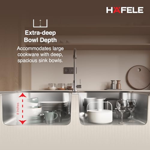 Image of Hafele Orion 3718 Stainless Steel Double Bowl Kitchen Sink | 37x18 Inches | 304 Grade Steel | Satin Finish | Dual Bowl Design for Multi-Tasking | Modern Kitchen Sink