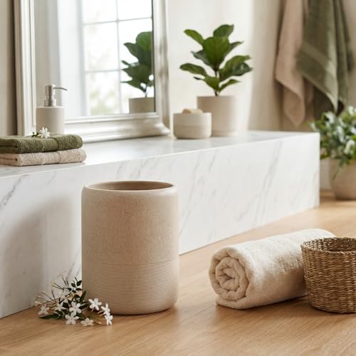 Image of Marsui Resin Wastebasket, Round Marble Compact Trash Can Mini, 2 Gallons Garbage Bin Gravel Wastepaper Basket for Bathroom, Powder Room, Kitchen, Home Office, 7.9 x 9.8 Inch (Gravel)