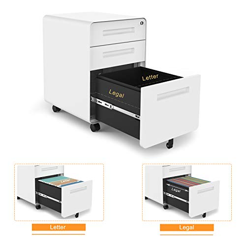 Bonnlo 23.8" H 3 Drawer Rolling File Cabinet With Lock, Mobile File Cabinet Under Desk With Pencil Tray, White Locking File Cabinet For Home Office, Metal Filing Cabinet Printer Stand Fully Assembled #TOP4