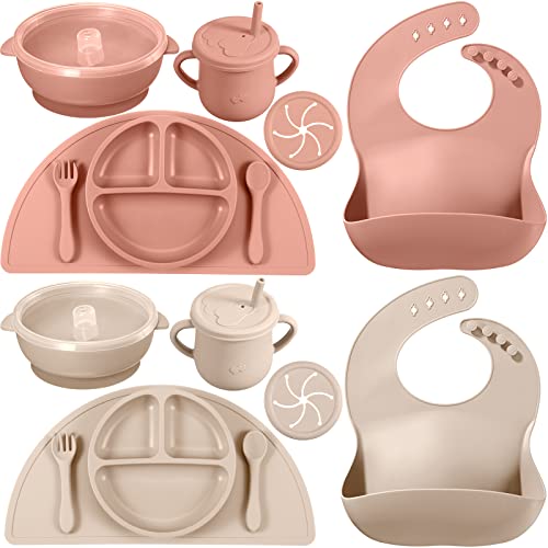 16 Pack Baby Feeding Supplies Set, Silicone Baby Led Weaning Suction Plates and Bowls Silicone Bibs Anti Slip Placemat Baby Spoons Forks Snack Cups, Toddler Eating Utensil Set (Beige, Orange)