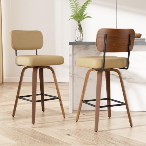 Image of Swivel Bar Stools Set of 2, 26 inch Upholstered Faux Leather Counter Height Barstools with Walnut Back & Bentwood Legs, Mid Century Modern Bar Chairs Island Stools for Kitchen Counter, Khaki