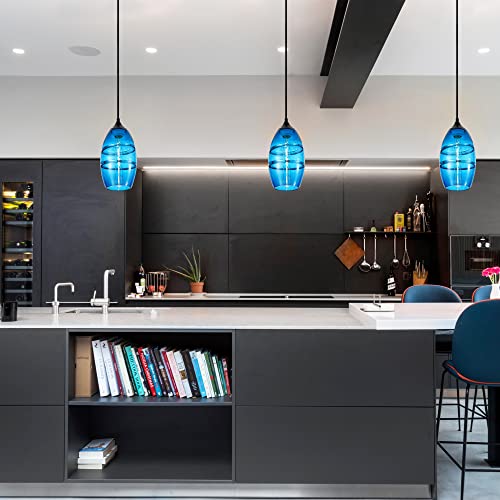 Mini Blue Clear Glass Pendant Light, Glass Oval Shade Pendant Lighting Fixture For Kitchen Island, Sink, Counter, Bar, Dining Room,Dining Room, Matte Black Finish Base 3 Pack #TOP5