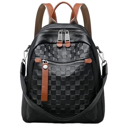 Wesccimo Genuine Leather Backpack Purse For Women Black Real Soft Leather Checkered Convertible Shoulder Casual Daypack Designer Bag