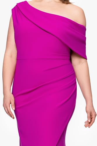 Image of Betsy & Adam Women's One-Shoulder, Floor-Length, Draped Detail, Fitted Silhouette Evening Gown, New Fushia, 16W