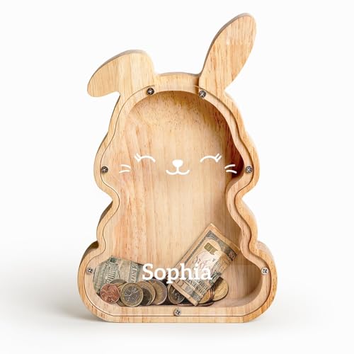 Image of Custom Wooden Bunny Piggy Bank for Kids Name | Personalized Birthday Gifts for Boys Girls, Easter Bunny Decor Encourages Early Saving, Easter Basket Stuffers for Kids