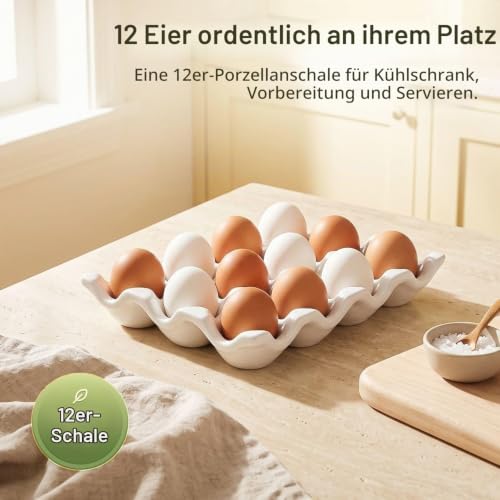 Flexzion 12 Eier Keramik Eierhalter, 12 Porzellan Eierablage Aufbewahrungsbox rutschfeste Eierplatte Eierhalter Eierträger Eierbox für… – Ansicht 2