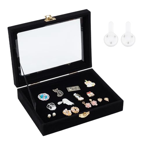 NBEADS Wood Pin Display Case Black, 8x6.4 inch Velvet Pad Badge Display Case Brooch Glass Top Collection Display Case Table Top Display Case Jewelry Display Case for Collectibles, Home organization