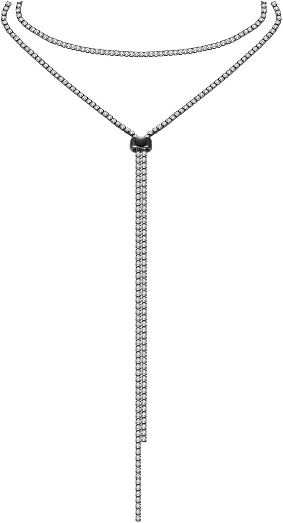 FAMARINE CZ Long Necklace, Rhinestone Bar Y Lariat Necklace Silver Tone for Women Birthday