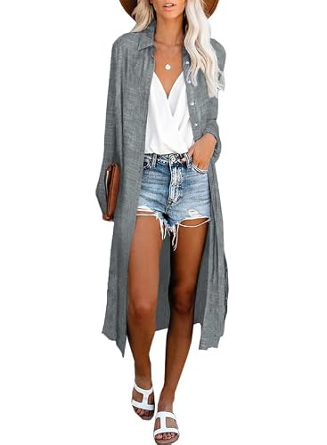 Dokotoo Womens Summer Beach Long Boho Chiffon Front Button Down Collared Neck Striped Long Sleeve Bathing Suit Swim Suit Bikini Kimonos Swimwear Swimsuit Cover Ups For Women Cardigans Grey Small #TOP29