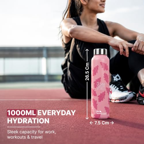 Image of The Better Home Stainless Steel Water Bottle 1 Litre | Leak Proof, BPA Free, Rust Proof | Printed Sipper Bottle for Office, Gym, School, Travel, Kids & Adults | Free Spirit Quote | Pink