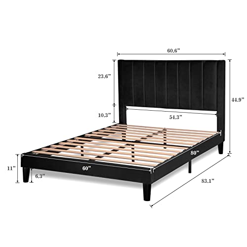 Allewie Queen Bed Frame/Velvet Upholstered Bed Frame With Vertical Channel Tufted Headboard/Strong Wooden Slats/Platform Bed Frame/Mattress Foundation/Box Spring Optional/Easy Assembly/Black #TOP1