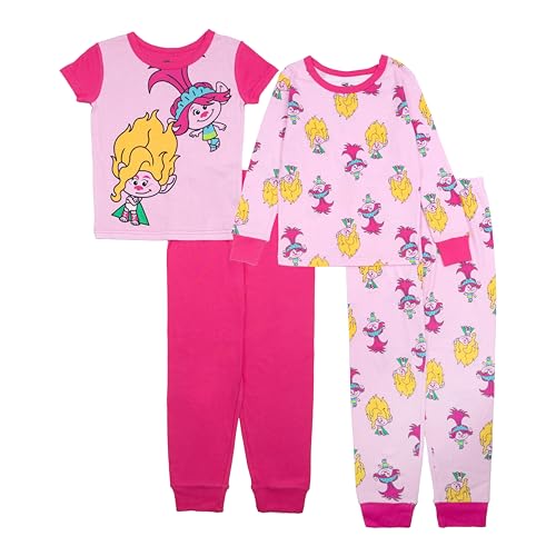 Trolls Girls' 4-Piece Snug-fit Cotton Pajama Set, Soft & Cute for Kids