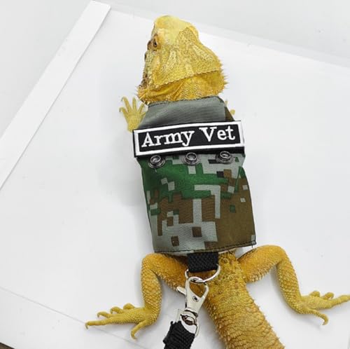 Image of Bearded Dragon Harness Leash Set with Patch Adjustable Lizard Traction Rope Escape Proof Outdoor Walking Reptile Camouflage Costume Accessories for Bearded Dragon Lizard Small Pets (Green)
