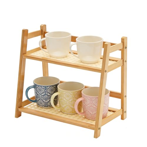 UBFCWO Étagère de cuisine plan de travail, porte-gobelet en bambou, station de matcha, organisateur de café, étagère à tasses en bois, étagère à épices debout pour thé, café, bar