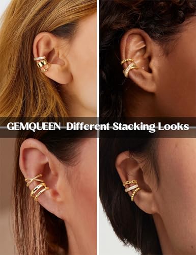 GEMQUEEN 14K Gold Plated Non-Piercing Ear Cuff Set – 9-Piece Chunky Clip-On Earrings for Trendy Women and Men with 5A CZ - Image 5