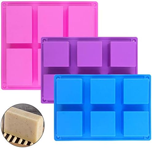 6 Cavities Silicone Soap Mold (3 Pack), SENHAI Baking Mold Cake Pan, Biscuit Chocolate Candy Molds Ice Cube Trays Handmade DIY - Pink, Blue, Purple (1 Rectangle & 2 Square)