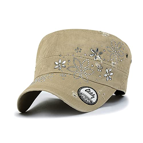 Image of ililily Crystal Gemstone Stud Flower Vintage Cotton Military Army Hat Cadet Cap