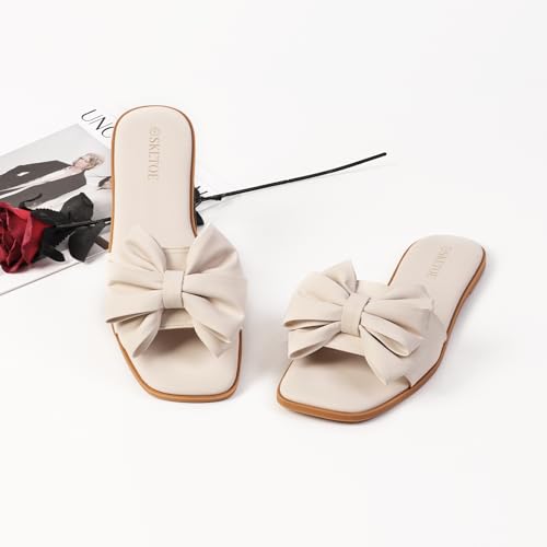 Image of Women's Bow Flat Sandals Open Saquare Toe Comfortable Slide for Wedding Beach Vacation