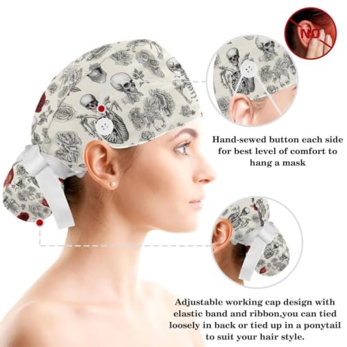Image of Colored Butterflies Scrub Caps Women Ponytail, Adjustable Bouffant Surgical Caps with Button, Nurse Hats Long Hair