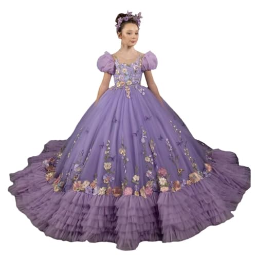 Mauuwy Ruffles Flower Girl's Dress Embroidered Pageant Dresses for Kids Layered Tulle First Communion Gowns for Children