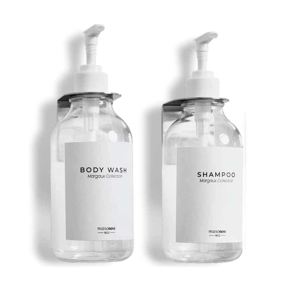 MaisoNovoShampoo Dispenser Drill Free Shower Soap Dispenser Wall Mount with Waterproof Labels | 2 Clear Bottles 2 Silver Wall Mounts