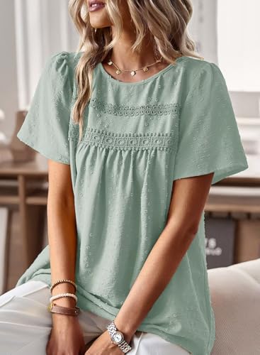 Image of Falechay Womens Summer Tops Crewneck Short Sleeve Shirts Casual Chiffon Blouses Flowy Lace Hem Boho Clothing Trendy 2026