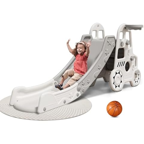 Indoor/Outdoor Slide for Toddlers 1-3, Foldable Kids Toddler Indoor Slide Playset, Indoor and Outdoor Playground, Toddler Climber Playset with Basketball Hoop and Ring Toss Cover