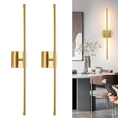 Morauroral Gold Battery Operated Wall Sconces, Dimmable Wall Sconces with Remote Control, Rechargeable Sconces Wall Lighting, 24? LED Wireless Wall Lights for Bedroom, Living Room, Bathroom, Hallways