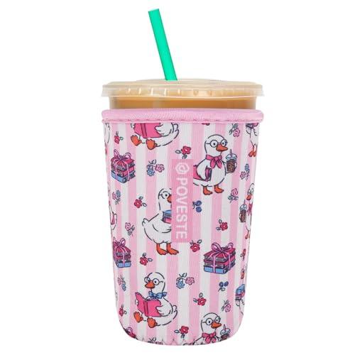 Image of Reusable Neoprene Insulator Sleeve for Iced Coffee & Cold Soda, Coffee Sleeves for Iced & Hot Drinks, Cold Beverage Cooler Compatible with Starbucks, Dunkin (Reading Goose, Medium: 22-24oz)