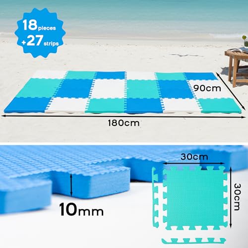 Interlocking Floor Tiles 18-Pack EVA Foam Mats 30x30cm, Non-Slip Exercise Gym Mat, Kids Play Mat for Playroom & Baby Crawling, Waterproof Puzzle Tiles, 17.42 Sq Ft, Blue&White&Green by DAWNYIELD - Image 2