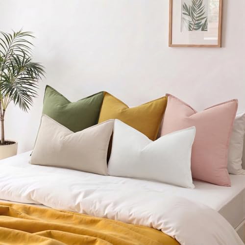 Image of decorUhome Decorative Linen Throw Pillow Covers 12x20 Inch Set of 2 Natural Beige Lumbar Pillow Covers with Flange Edges Soft Farmhouse Boho Accent Pillow Cases for Couch Bed Living Room