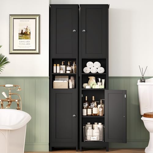Image of TEENFON 67 inch Tall Bathroom Cabinet with Adjustable Shelves and Doors | Narrow Bathroom Storage Cabinet for Small Space, Living Room, Entryway, Kitchen, Black