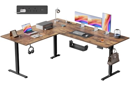 Image of Agilestic 63x55 Inch L Shaped Electric Standing Desk, Corner Workstation, Rustic Brown