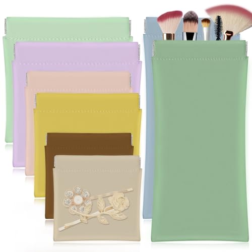8PCS Pocket Cosmetic Bag Squeeze Top 4 Size Small Makeup Bag for Inside Purse, Waterproof Mini Makeup Pouch PU Leather Organizer Pouch No Zipper Self Closing Pouches for Women Coin Purse Lipstick