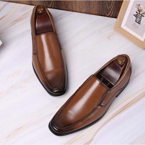 Formal Shoes for Men Slip On Apron Toe Round Toe PU Leather Resistant Non Slip Block Heel Outdoor(Brown,10 M US)4