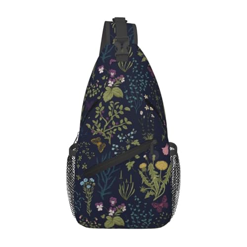 SURERUIM Floral Plant Sling Bag Vintage Garden Plants with Herbs Wildflowers Butterfly Botanical Design Crossbody Backpack Retro Floral Print Chest Shoulder Bag Casual Sports Travel Hiking Daypack