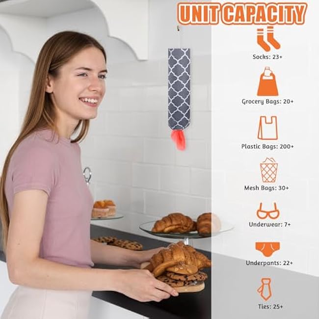 1pcs Plastic Bag Holder, Free Adjustment Washable Grocery Bag Holder for Bags with Drawstring, Reusable Grey Lantern Wall Mount Plastic Bags Organizer for Home Kitchen Travelling