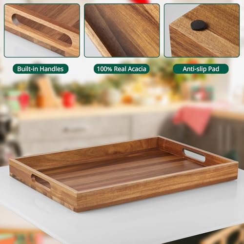 Image of Wooden Serving Tray for Home and Kitchen | Acacia Wood Large Rectangular Tray with Handles for Resturant, Cafe, Breakfast, Multipurpose Organzier | (Food Safe Oil Finish) (Aurace)