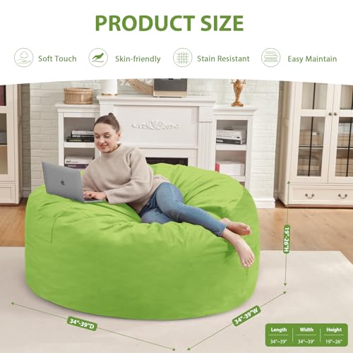 3FT Bean Bag Chair, Comfy Bean Bag Chairs with Memory Foam Filled, Fluffy Beanbag Sofa with Dutch Velvet Cover, Round BeanBag Chairs for Living Room, Playroom - Lime