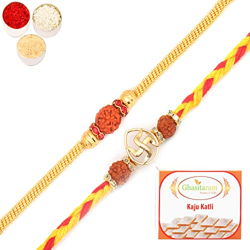 Ghasitaram Gifts Rakhi for Brother Rakhis Online – Set of 2 RM605 and R50016 Premium Rakhis with 400 gms of Kaju katli Ghasitaram Gifts Rakhi for Brother Rakhis Online – Set of 2 RM605 and R50016 Premium Rakhis with 400 gms of Kaju katli